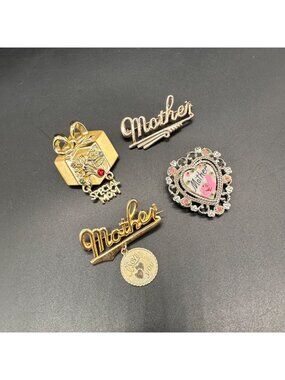 Vintage Brooch Pins Lot of Four Mother Mom Heart Floral Love Gift Retro Jewelry